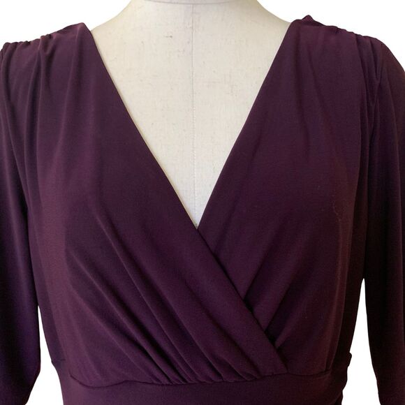Lauren Ralph Lauren Dress Size 8 Purple Faux Wrap Ruched Short Sleeve V Neck - Picture 2 of 9